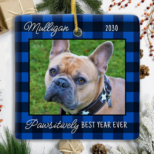 Custom Dog Blue Plaid Kerstmis 2 Pet Foto Keramisch Ornament