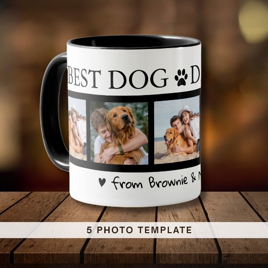 Custom Dog & Mummy Gift voor Papa 5 Foto Zwart Mok