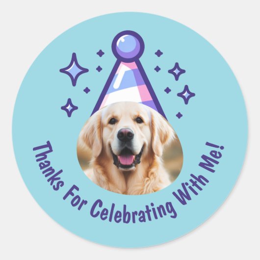 Custom Dog Photo Birthday Thanks Party Hat Favors Ronde Sticker (Voorkant)