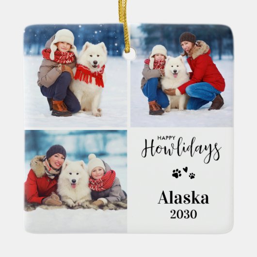 Custom Dog Photo Collage Kerstmis Happy Howholiday Keramisch Ornament (Voorkant)