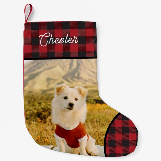 Custom Dog Photo & Name Buffalo Plaid Kleine Kerstsok (Voorkant)