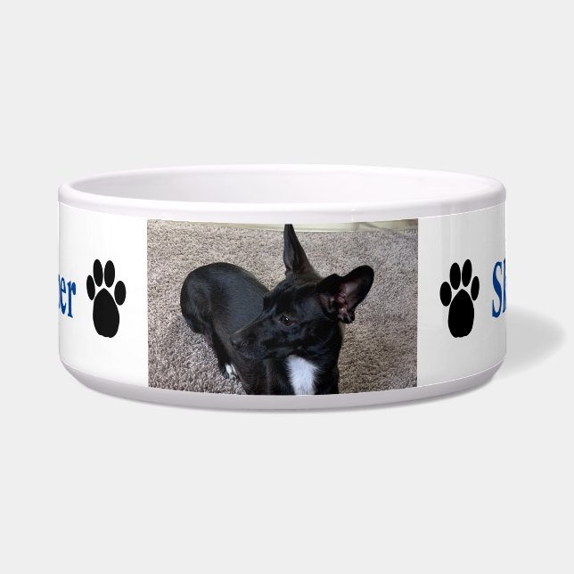 Custom Dog Photo Name Paw Prints Blauw Voerbakje (Voorkant)