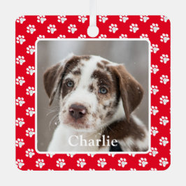 Custom Dog Photo Pet Name Paw Prints Metalen Ornament