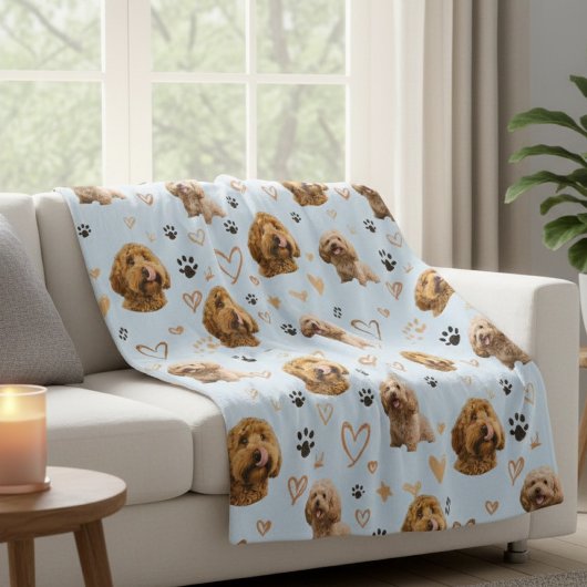 Custom Dog Photo with Hearts Blue Fleece Deken