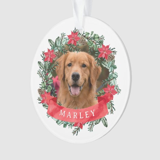 Custom Dog Photo with Name Poinsettia Wreath Ornament (voorkant)