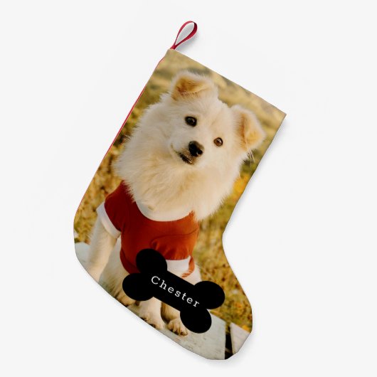 Custom Dog Photo with Personalized Name Kleine Kerstsok (Voorkant (Hangend))