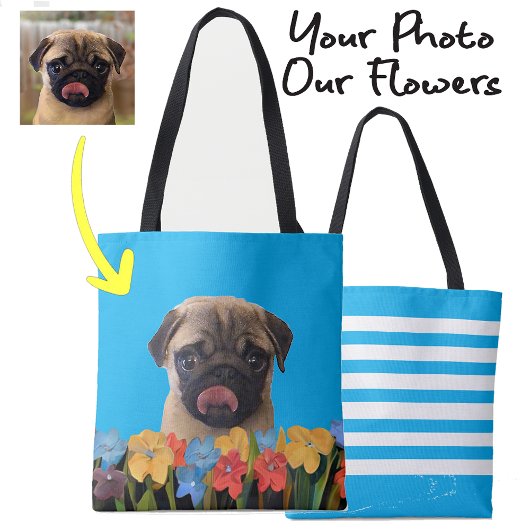 Custom Dog Puppy Foto Kleurrijke Lente Bloemen Tote Bag