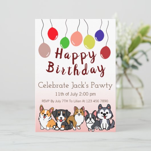 Custom-Dog Puppy Verjaardagsfeestje Paw-ty Uitnodi Kaart (Staand voorkant)