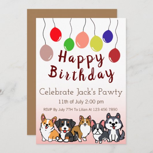 Custom-Dog Puppy Verjaardagsfeestje Paw-ty Uitnodi Kaart (Voorkant / Achterkant)