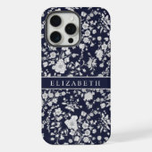 Custom Donker Marine Blauw Bloemen Zilver Wit Bloe iPhone Hoesje (Achterkant)