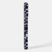 Custom Donker Marine Blauw Bloemen Zilver Wit Bloe iPhone Hoesje (Rechterkant)