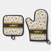 Custom Donkergrijs Zwart Wit Geel Daisy Patroon Ovenwant & Pannenlap Set (Voorkant)