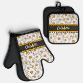 Custom Donkergrijs Zwart Wit Geel Daisy Patroon Ovenwant & Pannenlap Set