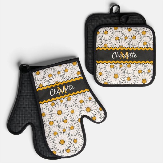 Custom Donkergrijs Zwart Wit Geel Daisy Patroon Ovenwant & Pannenlap Set