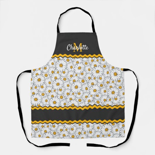 Custom Donkergrijs Zwart Wit Geel Daisy Patroon Schort (Voorkant)