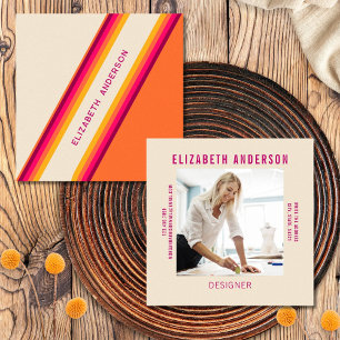 Custom Donkerroze Sinaasappel Retro Stripes 70s, 8 Vierkante Visitekaartje