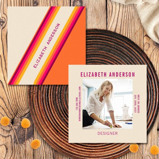 Custom Donkerroze Sinaasappel Retro Stripes 70s, 8 Vierkante Visitekaartje