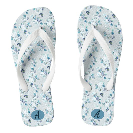 Custom  Dusty Blue Bloemen Patroon Monogram Teenslippers (Voetbed)