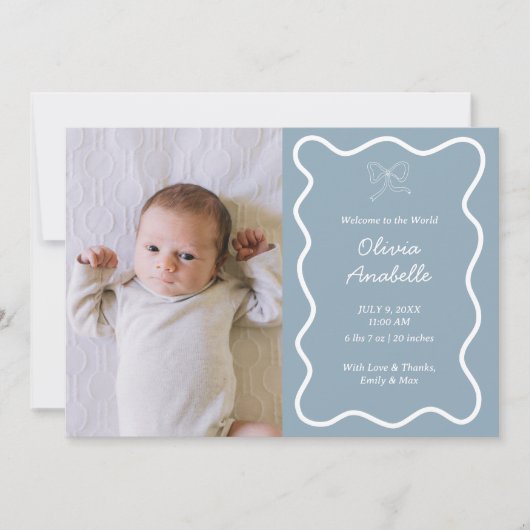 Custom Dusty Blue Bow Wavy Boho Collage Baby Geboo Aankondiging (Voorkant)