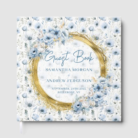 Custom Dusty Blue Gold Glitter Wedding Guest Book Gastenboek (Voorkant)