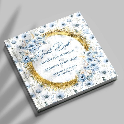 Custom Dusty Blue Gold Glitter Wedding Guest Book Gastenboek