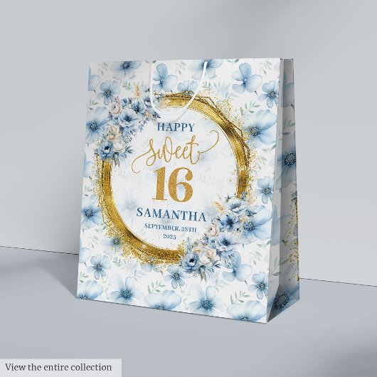 Custom Dusty Blue Sweet 16 Gold Glitter Party Bag Medium Cadeauzakje