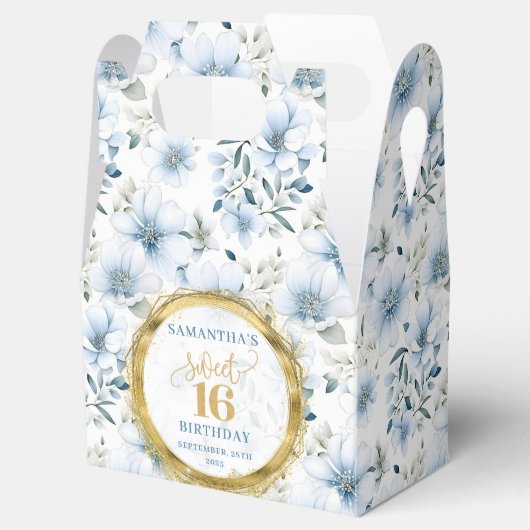 Custom Dusty Blue Sweet 16 Gold Glitter Party Box Bedankdoosjes (Geopend)