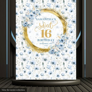 Custom Dusty Blue Sweet 16 Gold Glitter Party Sign Wandkleed