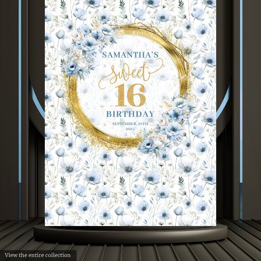 Custom Dusty Blue Sweet 16 Gold Glitter Party Sign Wandkleed