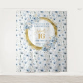 Custom Dusty Blue Sweet 16 Gold Glitter Party Sign Wandkleed (Voorkant)
