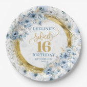 Custom Dusty Blue Sweet 16 Gold Glitter Verjaardag Papieren Bordje (Voorkant)