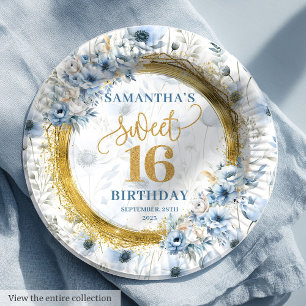 Custom Dusty Blue Sweet 16 Gold Glitter Verjaardag Papieren Bordje