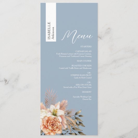 Custom Dusty Blue Wedding Menu met Naam (Voorkant)