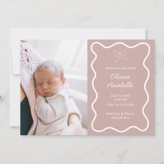 Custom Dusty Pink Bow Wavy Boho Collage Baby Geboo Aankondiging (Voorkant)