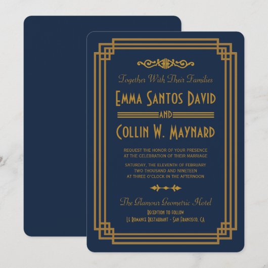 Custom Eenvoudig Blauw Art Deco Bruiloft uitnodigi Kaart (Voorkant / Achterkant)