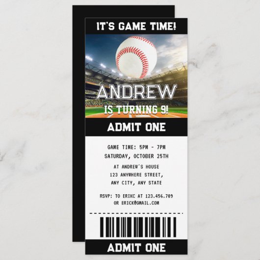 Custom eenvoudige honkbal ticket verjaardagsuitnod kaart (Voorkant / Achterkant)