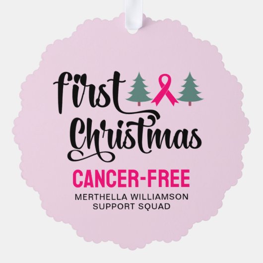 Custom EERSTE KERST Borstkanker Gratis Ornament Kaart (Achterkant)