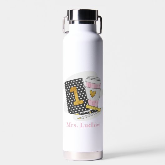 Custom eerste klas leraar zwart koffie school waterfles (Voorkant)