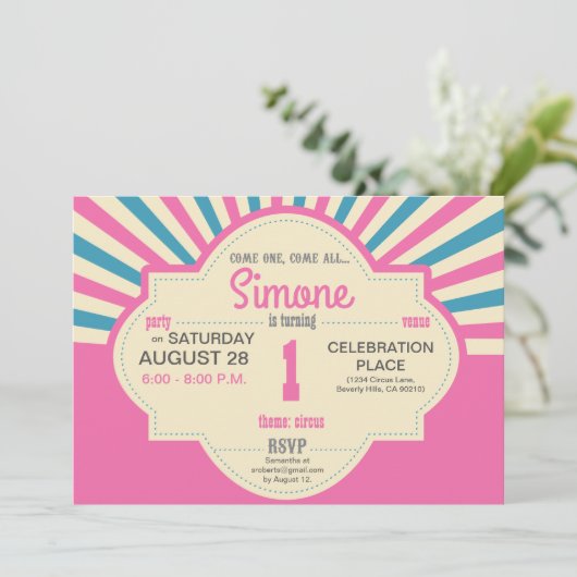 Custom, Eerste verjaardag, Circus Thema, roze, bla Kaart (Staand voorkant)