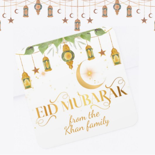 Custom "Eid Mubarak" White Gold Lanterns + Moon Vierkante Sticker