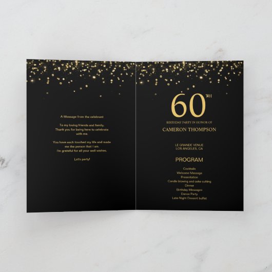 Custom Elegant Black & Gold confetti 60th Birthday Programma (Binnen)