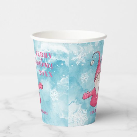 Custom Elegant Blauw en Roze Vrolijk Kerstmis Papieren Bekers (Rechts)