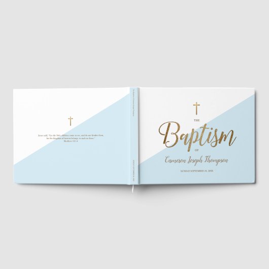 Custom Elegant Blauw Goud Kruis Baby Doop Gastenboek (Volledig)