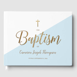 Custom Elegant Blauw Goud Kruis Baby Doop Gastenboek