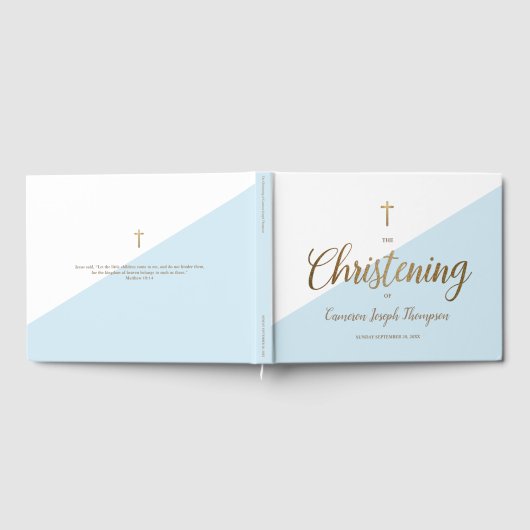 Custom Elegant Blauw Goud Kruis Baby Doop Gastenboek (Volledig)