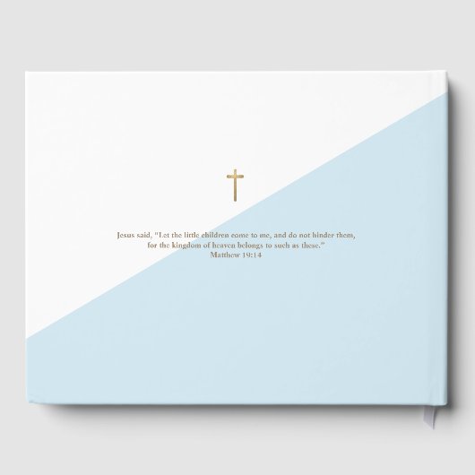 Custom Elegant Blauw Goud Kruis Baby Doop Gastenboek (Achterkant)