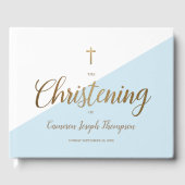 Custom Elegant Blauw Goud Kruis Baby Doop Gastenboek (Voorkant)