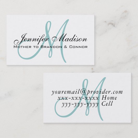 Custom Elegant Blauw Monogram Mama Belkaart Contactkaartje (Voorkant / Achterkant)