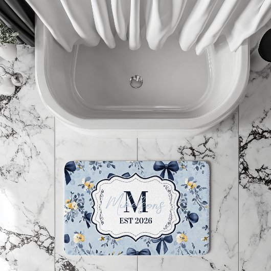 Custom Elegant Blue Bow Floral Monogram Badmat