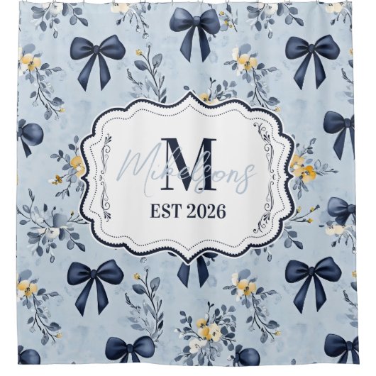 Custom Elegant Blue Bow Floral Monogram Douchegordijn (Voorkant)